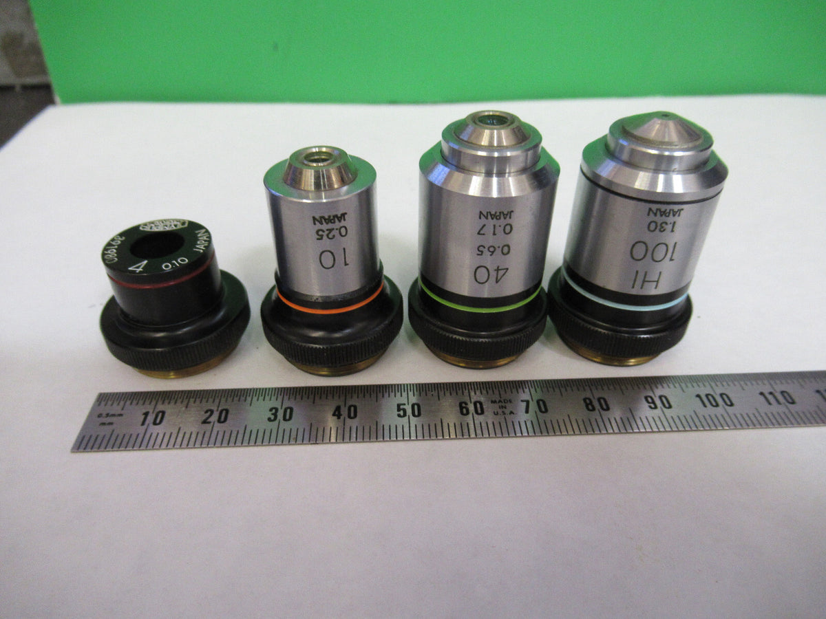 LOT OLYMPUS JAPAN OBJECTIVE 4X 10X 40X 100X MICROSCOPE PART AS PICTURED X4-A-29