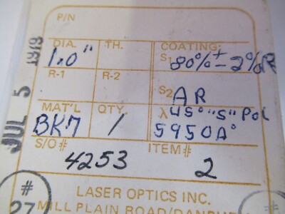OPTICAL COATED FLAT 1" DIAMETER LASER OPTICS AS PICTURED &15-FT-X41