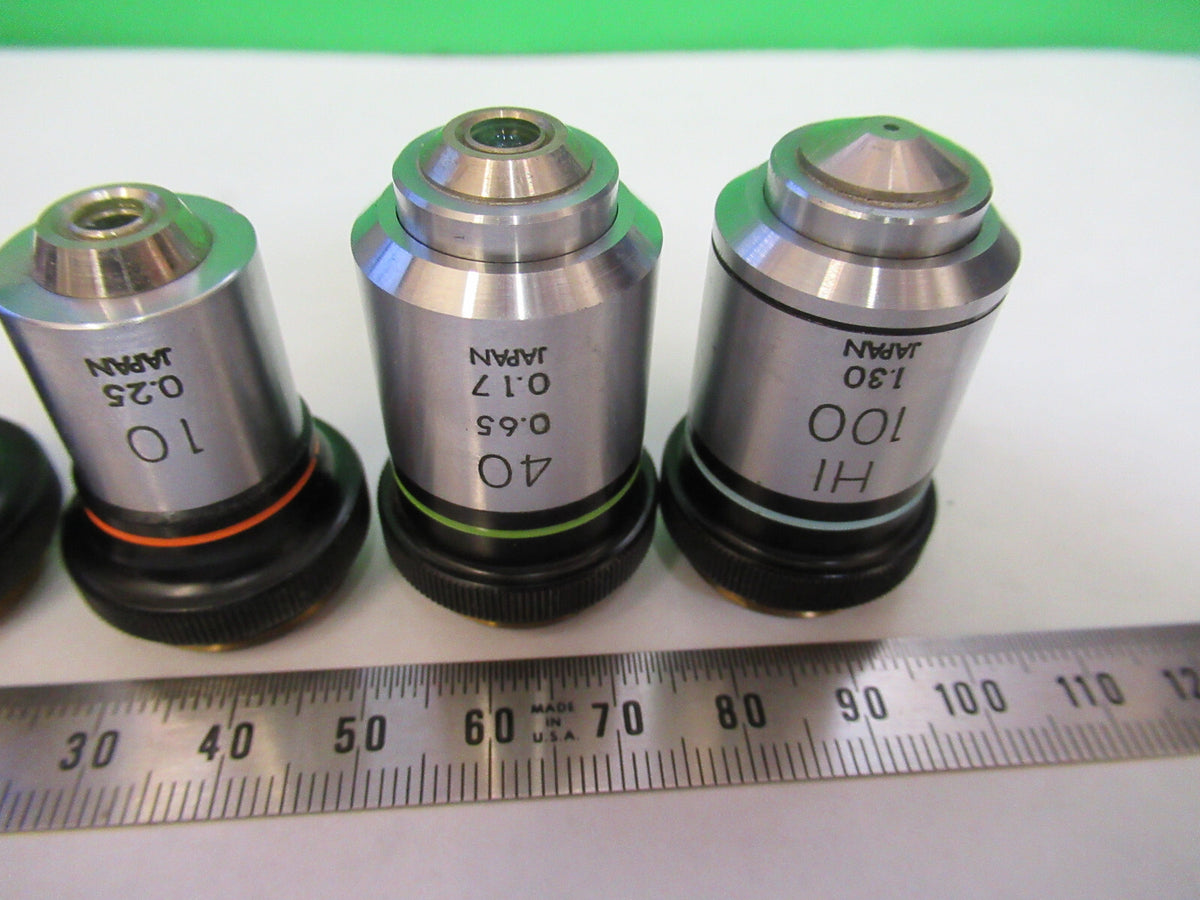 LOT OLYMPUS JAPAN OBJECTIVE 4X 10X 40X 100X MICROSCOPE PART AS PICTURED X4-A-29