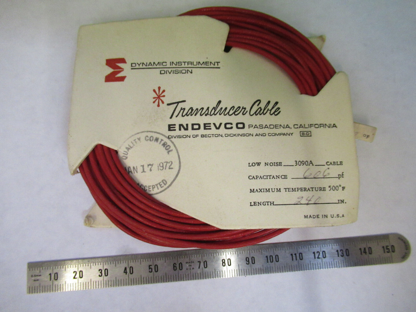 PCB ENDEVCO LOW NOISE CABLE 3090A -240 in for accelerometer  AS PICTURED S7-A-49