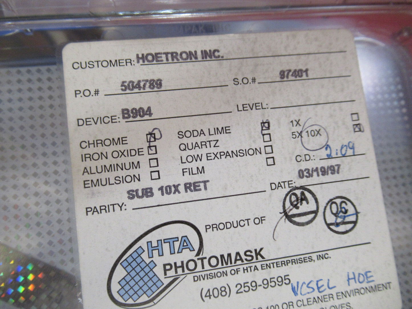 HOETRON MASK PHOTOLITHOGRAPHY VINTAGE COMPONENTS AS PICTURED T1-A-06