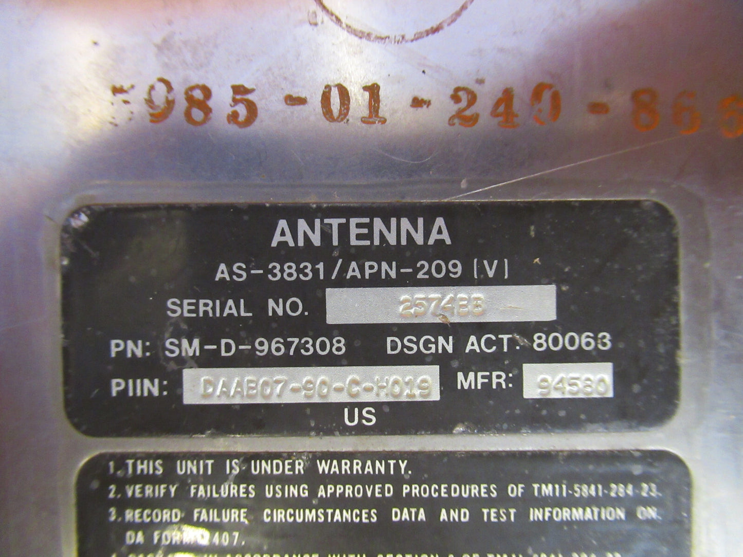 ANTENNA UH-60 AS-3831 APN-209(v) NSN 5985-01-246-8668 AIRCRAFT PART Q9-FT-98
