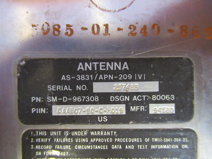 ANTENNA UH-60 AS-3831 APN-209(v) NSN 5985-01-246-8668 AIRCRAFT PART Q9-FT-98