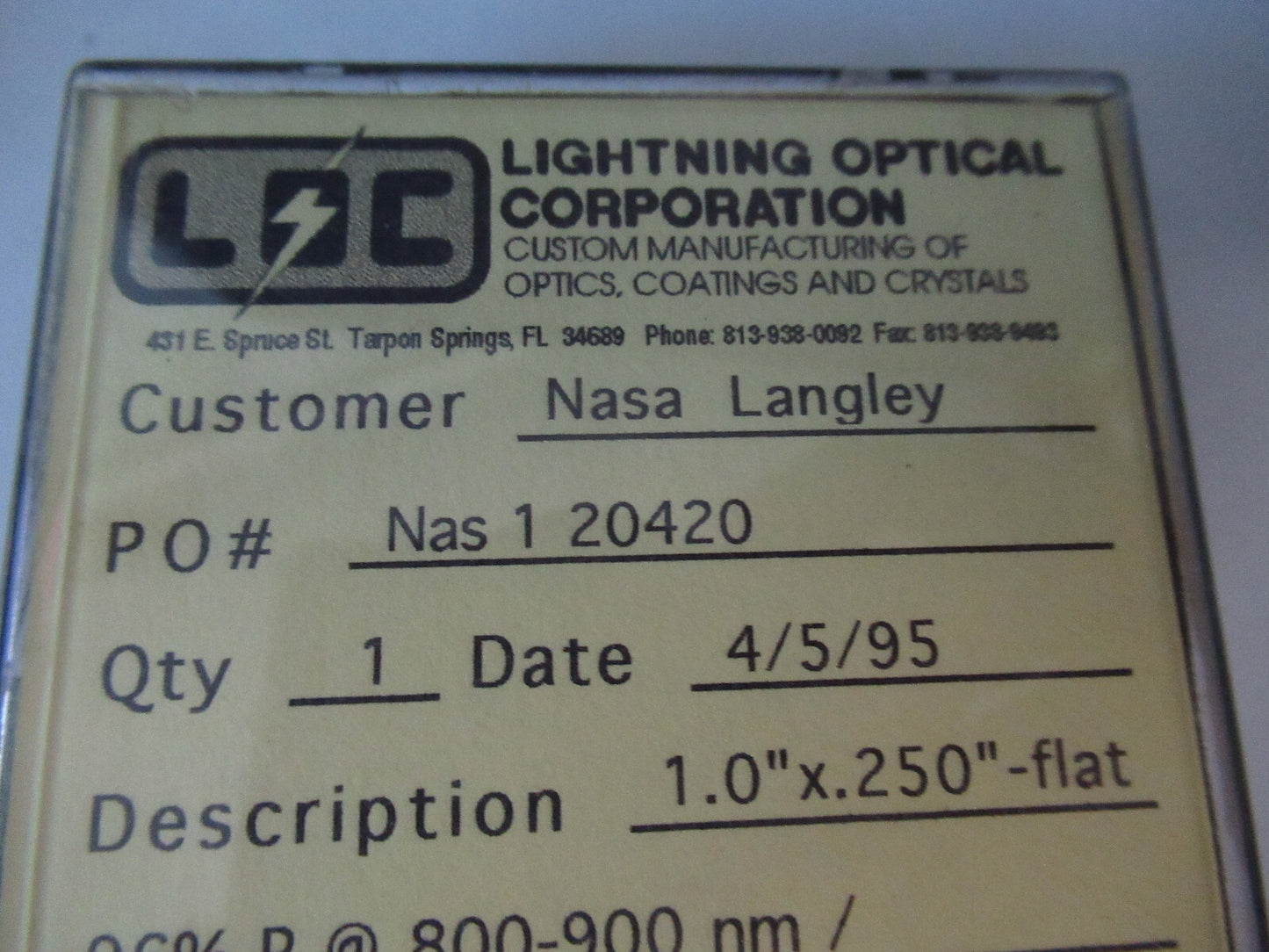 ex Nasa Optical One Lens 800-900 nm Laser Optics