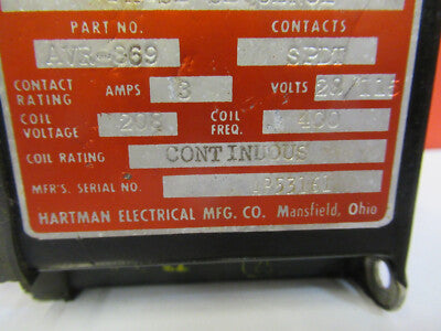 Hartman Electric Relay AVR-869 Contactor Aircraft Part