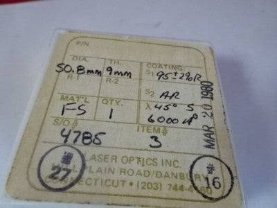 FUSED SILICA OPTICAL FLAT DICHROIC COATED FILTER OPTICS AS PICTURED #5-A-64