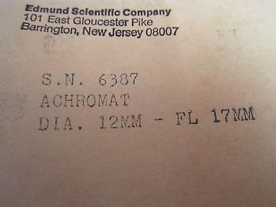 OPTICAL LENS ACHROMAT 12 mm DIAMETER FL 17 mm LASER OPTICS AS IS BIN#D8