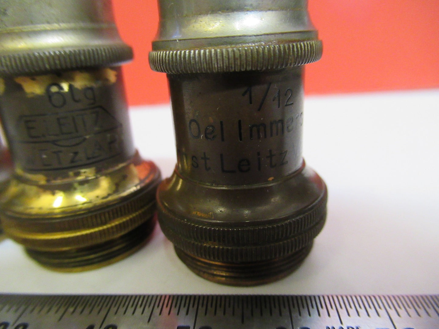 ANTIQUE BRASS LOT OBJECTIVES ERNST LEITZ GERMANY MICROSCOPE PART AS PIC V7-A-34