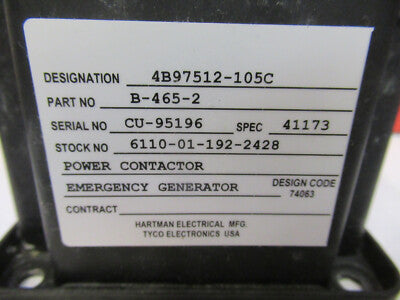 Aircraft UH-60 Electrical Power Contactor Hartman B-465-2 Nsn