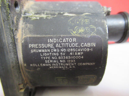 INDICATOR PRESSURE ALTITUDE CABIN KOLLSMAN 128SCA109-1  AS PICTURED  T1-A-42
