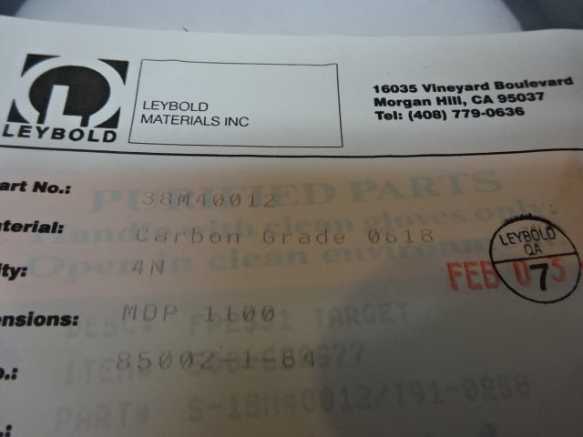 Leybold Vacuum EVApoRATION Target 38M40012 Carbon Grade 0618 MDP1100