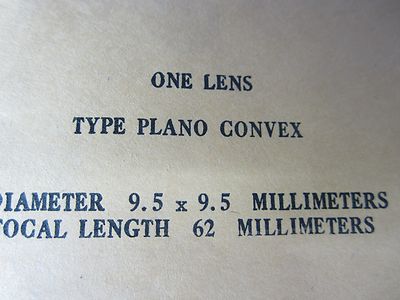 OPTICAL PLANO CONVEX  LENS 9.5x9.5 mm DIAMETER FL 62 mm LASER OPTICS BIN#34