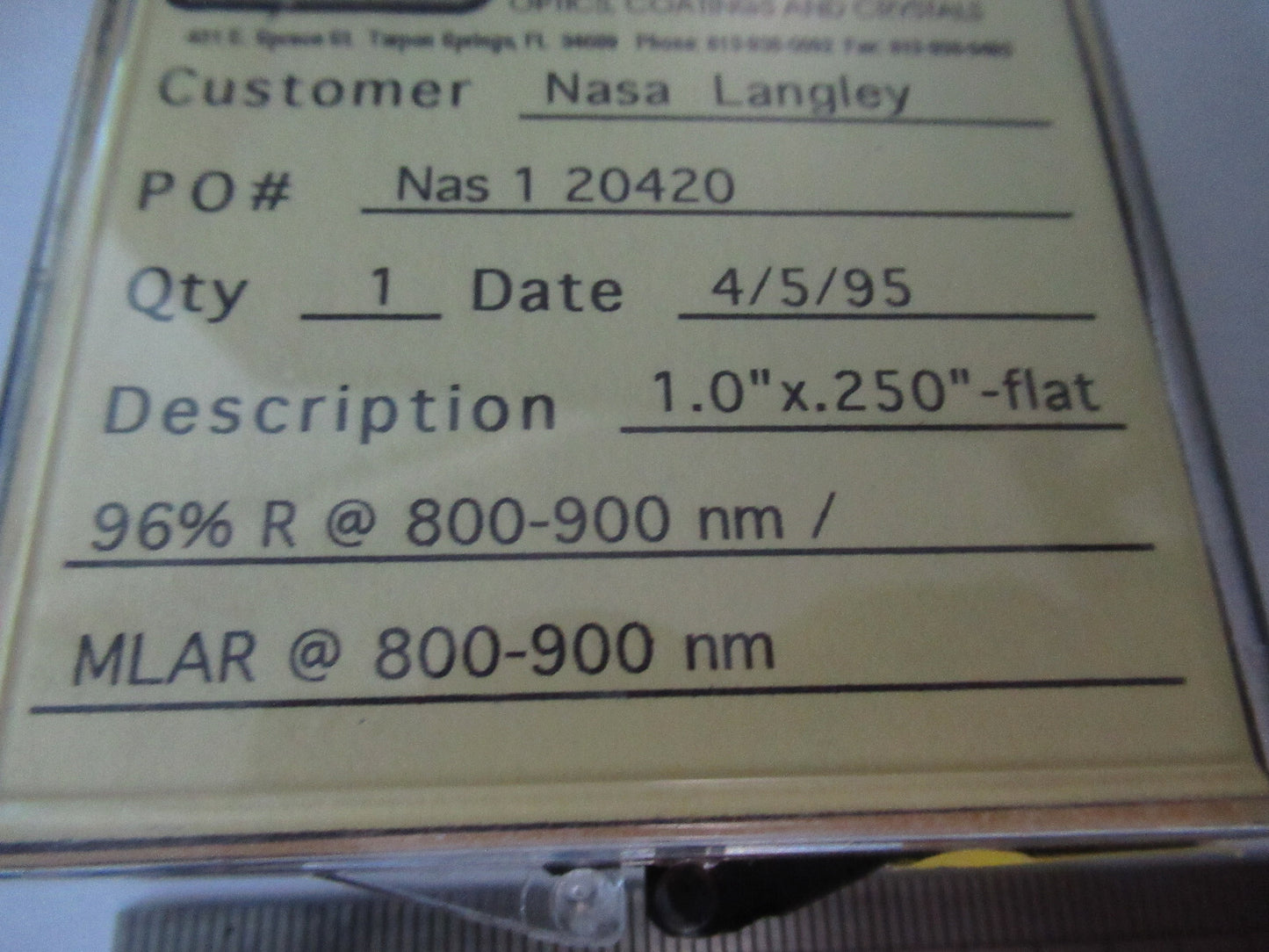 ex Nasa Optical One Lens 800-900 nm Laser Optics
