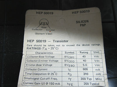 SILICON PNP TRANSISTOR HEP S0019 SEMICONDUCTOR AS IS BIN#11