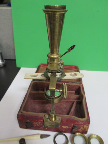ANTIQUE BRASS RARE TYPE CARY GOULD MICROSCOPE with ACCESSORIES AS PIC T6-A-49