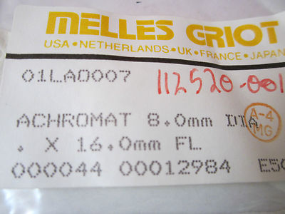Optical Lens Melles Griot Achromat 8 mm Dia Fl 16 mm Laser Optics