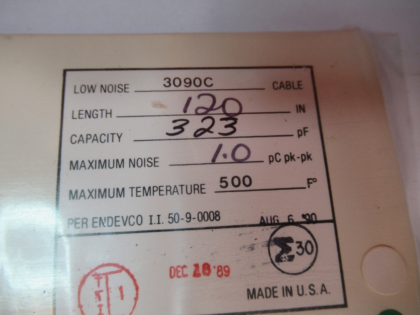 MEGGITT ENDEVCO 3090C LOW NOISE CABLE for ACCELEROMETER VIBRATION TEST F8-C-02