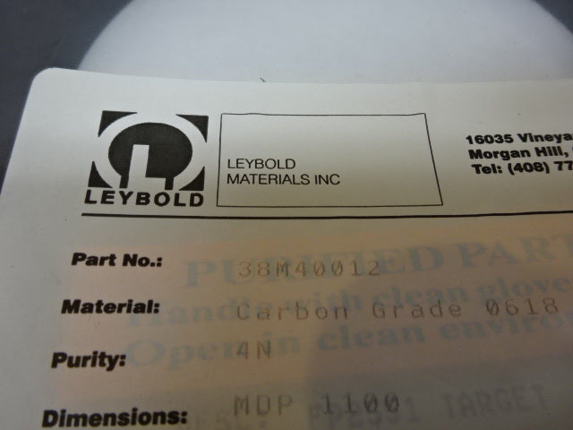 Leybold Vacuum EVApoRATION Target 38M40012 Carbon Grade 0618 MDP1100