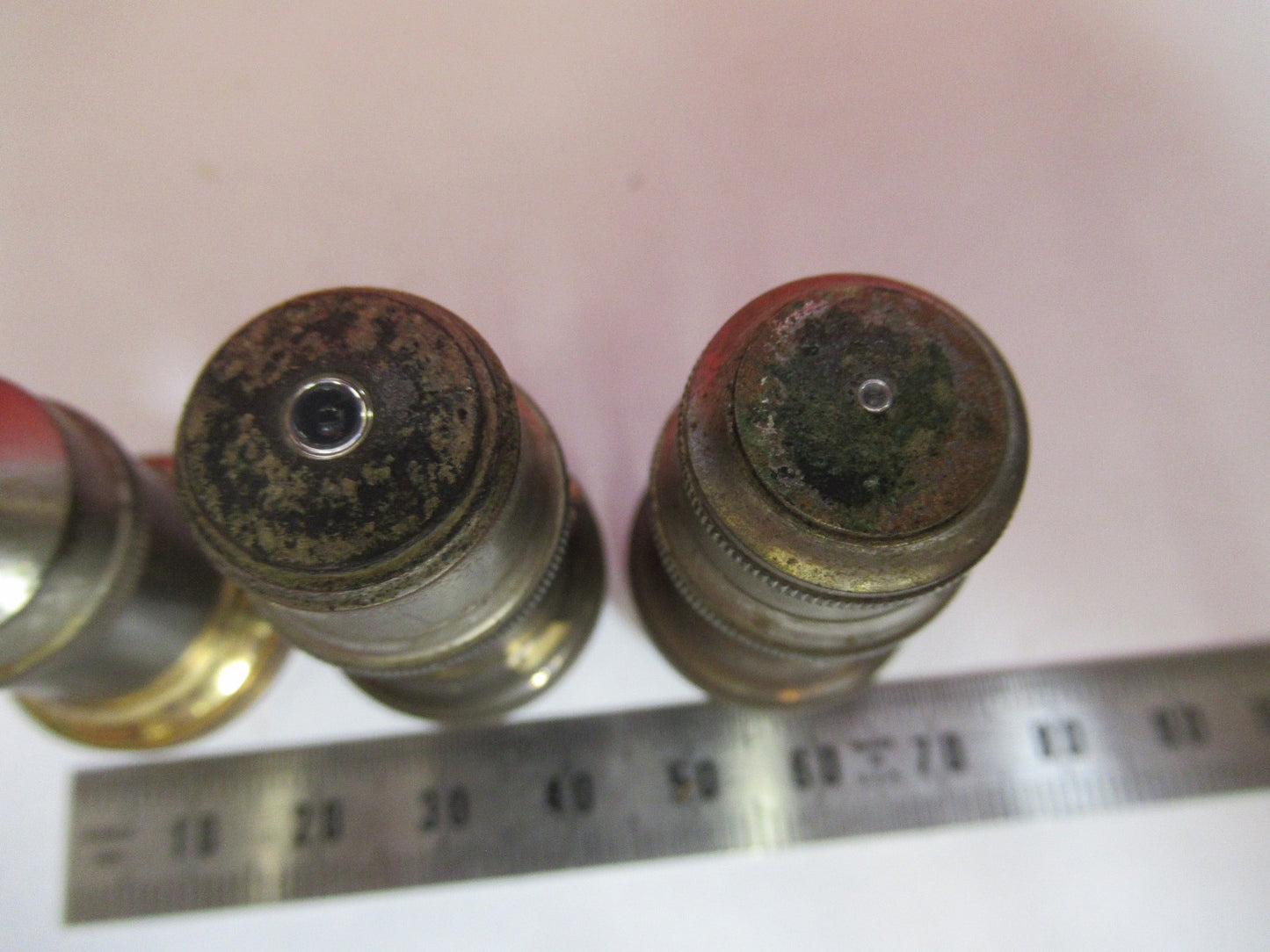 ANTIQUE BRASS LOT OBJECTIVES ERNST LEITZ GERMANY MICROSCOPE PART AS PIC V7-A-34