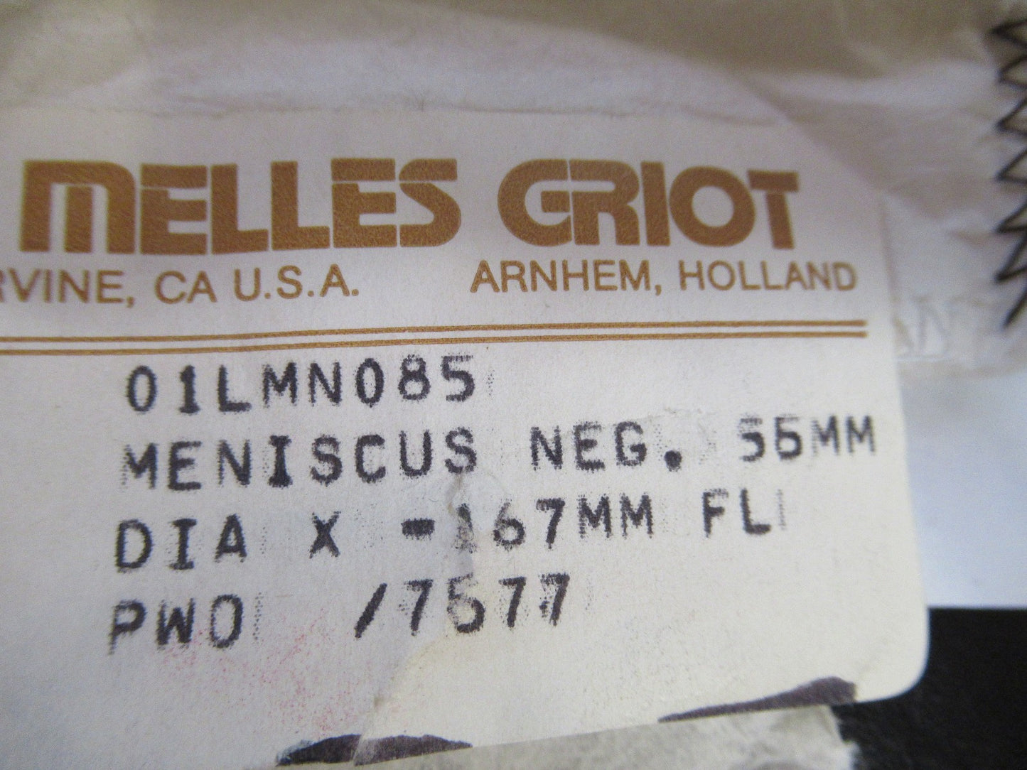 OPTICS MELLES GRIOT CONVEX CONCAVE LENS -167mm FL OPTICAL AS PICTURED T6-A-19