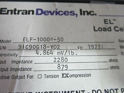 ENTRAN DEVICES LOAD CELL ELF-1000-50 4.864 mV/Lb