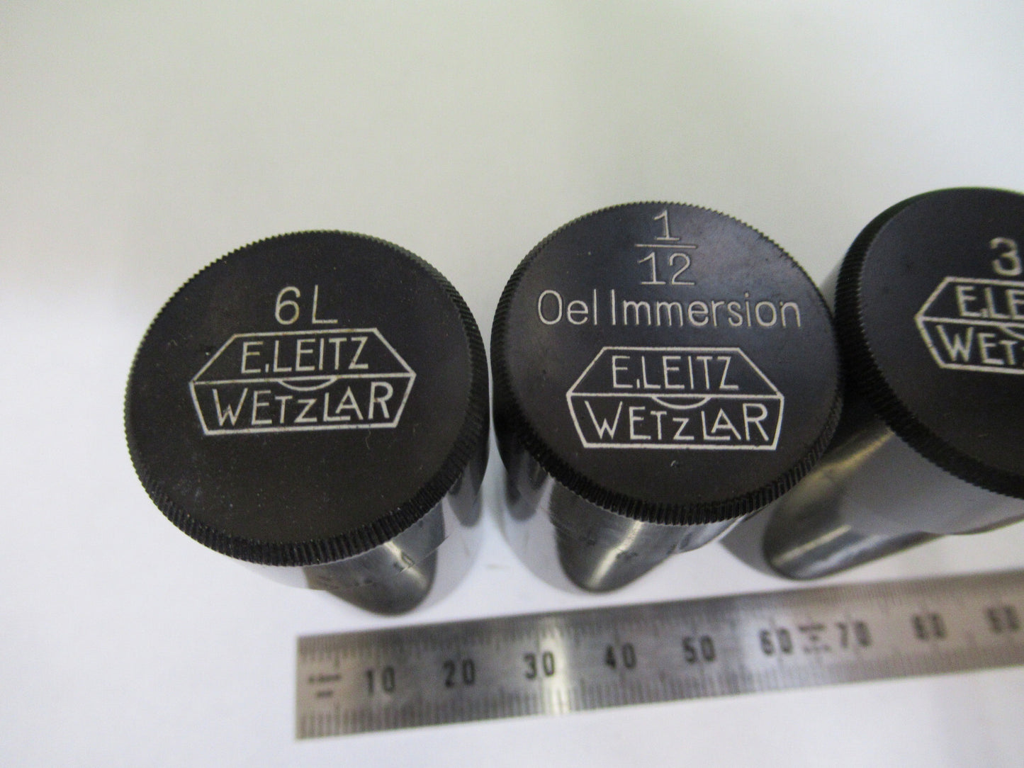 LEITZ GERMANY  LOT 3ea BRASS EMPTY OBJECTIVE CAN MICROSCOPE PART AS PIC &P4-B-91