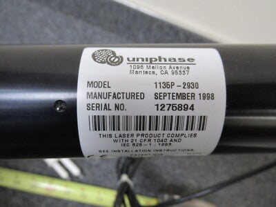 HELIUM NEON UNIPHASE LASER 19" LENGTH 10 mA OPTICS max as pictured &TC-2