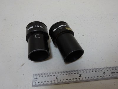 MICROSCOPE PART LOT EYEPIECES OLYMPUS 15X + RETICLE OPTICS AS IS BIN#N8-H-03