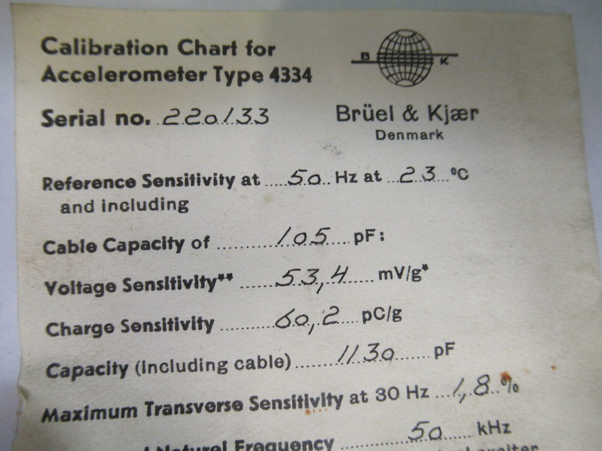 BRUEL KJAER 4334 MINIATURE ACCELEROMETER VIBRATION SENSOR AS PICTURED X2-A-62