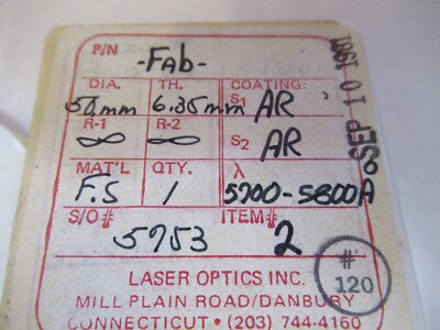 OPTICAL COATED FLAT 2" DIAMETER LASER OPTICS AS PICTURED &15-FT-X50