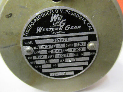 WESTERN GEAR MOTOR 35YH72 400Hz high rpm 11,000 AIRCRAFT AS PICTURED 1E-FT-A2