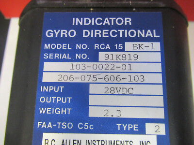 BELL HELICOPTER 206 AIRCRAFT 206-075-606-103 INDICATOR GYRO BK-1 AS PIC &B3-B-04