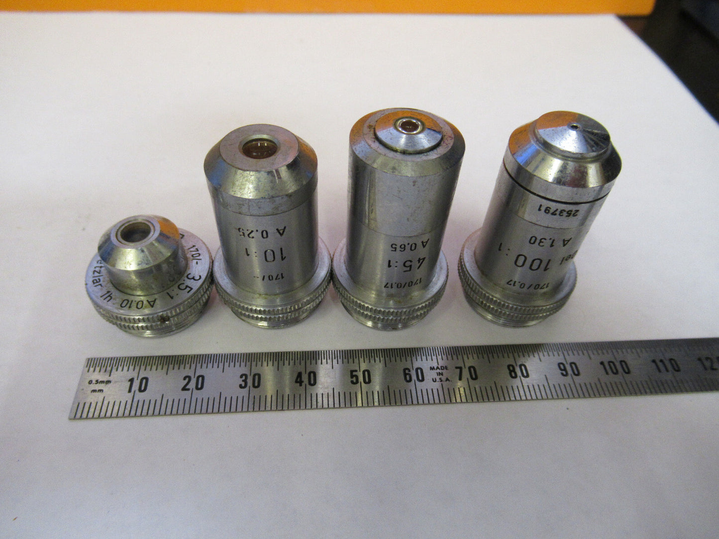 LEITZ WETZLAR LOT 4 PCS OBJECTIVE LENS OPTIC MICROSCOPE PART AS PICTURED Y1-A-37