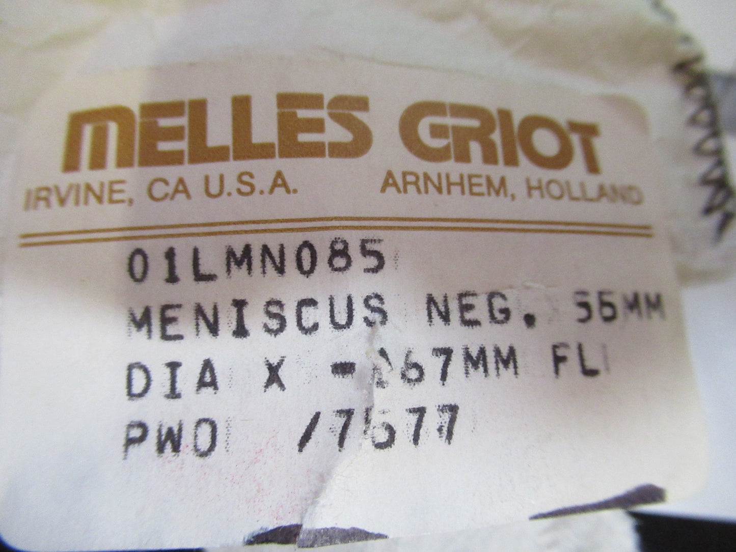 OPTICS MELLES GRIOT CONVEX CONCAVE LENS -167mm FL OPTICAL AS PICTURED T6-A-19