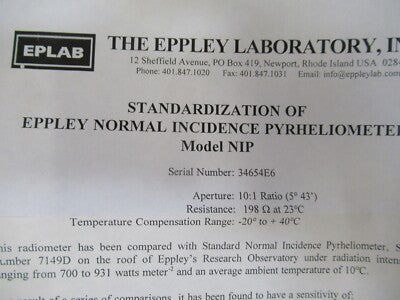 EPPLEY NORMAL INCIDENCE PYRHELIOMETER LIGHT INTENSITY SENSOR AS PICTURED A7-A-02