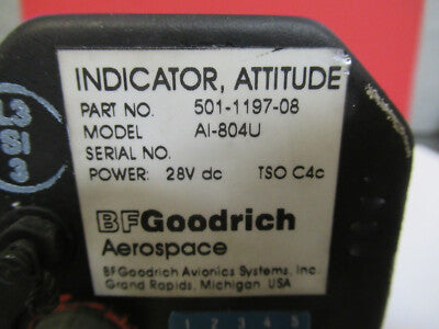 INDICATOR ATTITUDE 501-1197-08 AI-804U BFGOODRICH AIRCRAFT AS PICTURED &100-S-18