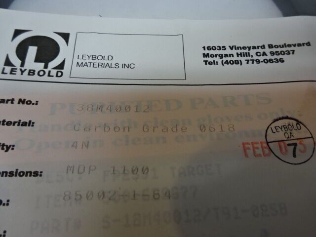 LEYBOLD VACUUM EVAPORATION TARGET 38M40012 CARBON GRADE 0618 MDP1100 AS IS #82
