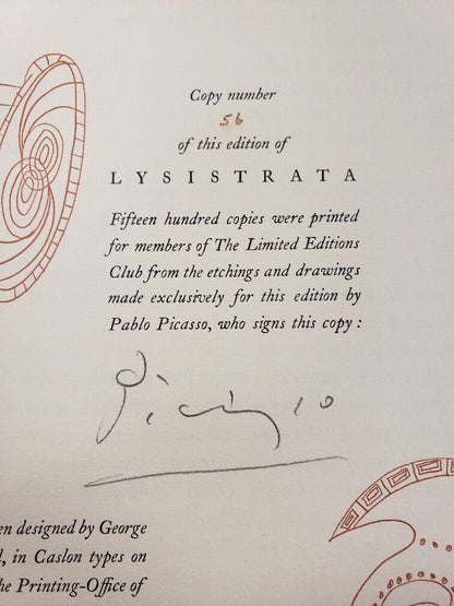 ORIGINAL BOOK PABLO PICASSO LYSISTRATA 1934 SIGNED WITHOUT ETCHINGS AS PICTURED