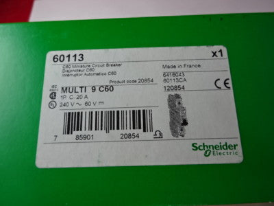SCHNEIDER ELECTRIC MULTI 9 C60 20A CIRCUIT BREAKER 60113 FRANCE AS IS #83-R-99